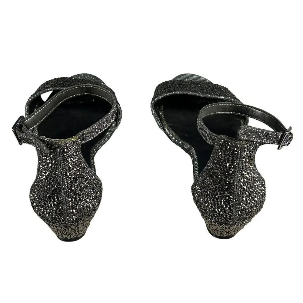 GB Girls Sparkly Sandals Size 4M Shoes Wedge Gray Jeweled Ankle Strap Fancy